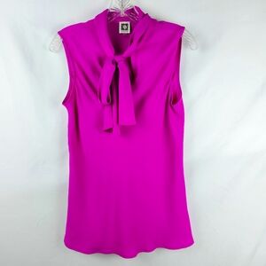 Anne Klein Fuchsia Sleeveless Blouse Tie Neck Women's 8 Office Preppy Barbie